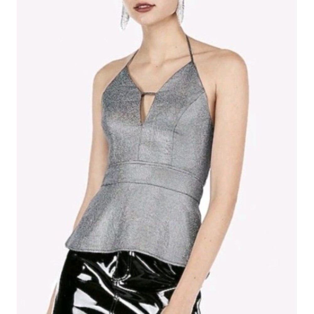 NWOT Express Size 16 Metallic Iridescent Silver Plunge Neck Peplum Halter Party